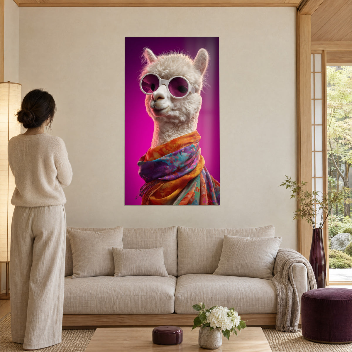 Schilderij witte lama met ronde roze bril, oranje en turquoise sjaal op fuchsia achtergrond, boven een bank in een lichte woonkamer