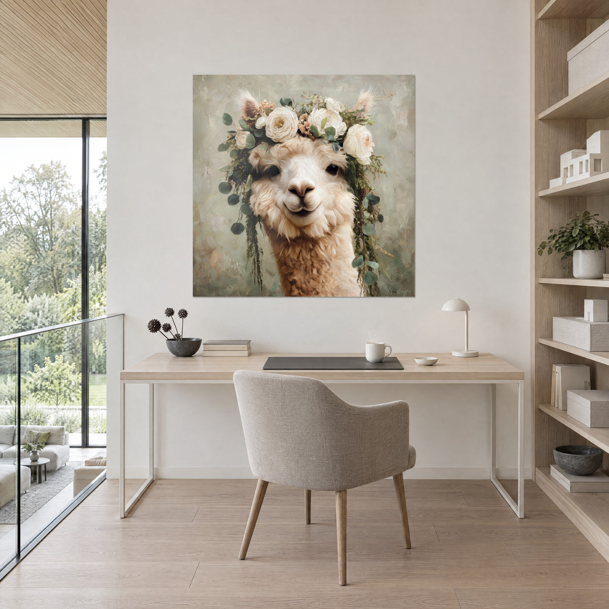 Schilderij van een bohémien lama, gebroken witte en honingbruine vacht, zilverkleurige eucalyptus, boven een bureau van licht hout