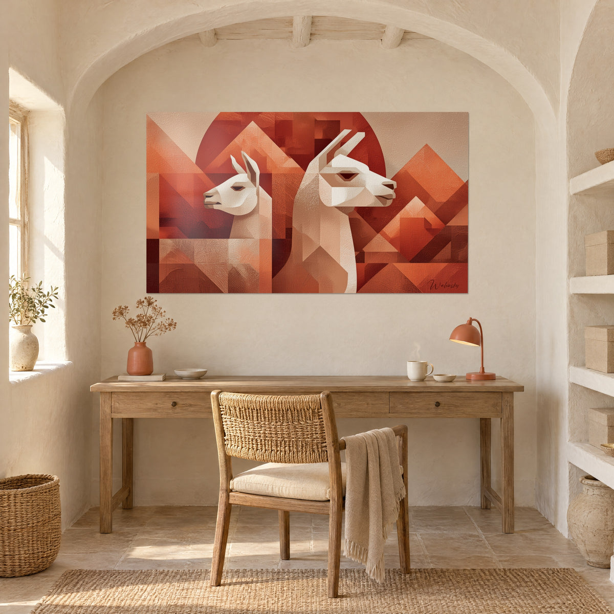 Schilderij gefacetteerde Andes-lama's in romig wit, oker- en bakstenen toppen, boven een houten bureau naast het raam