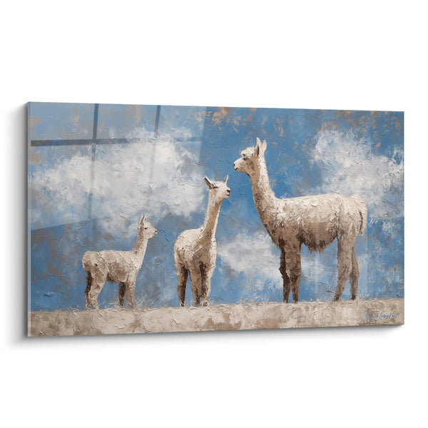 Tableau Trois lamas bleu ciel et beige - Marche familiale - Edition Lama