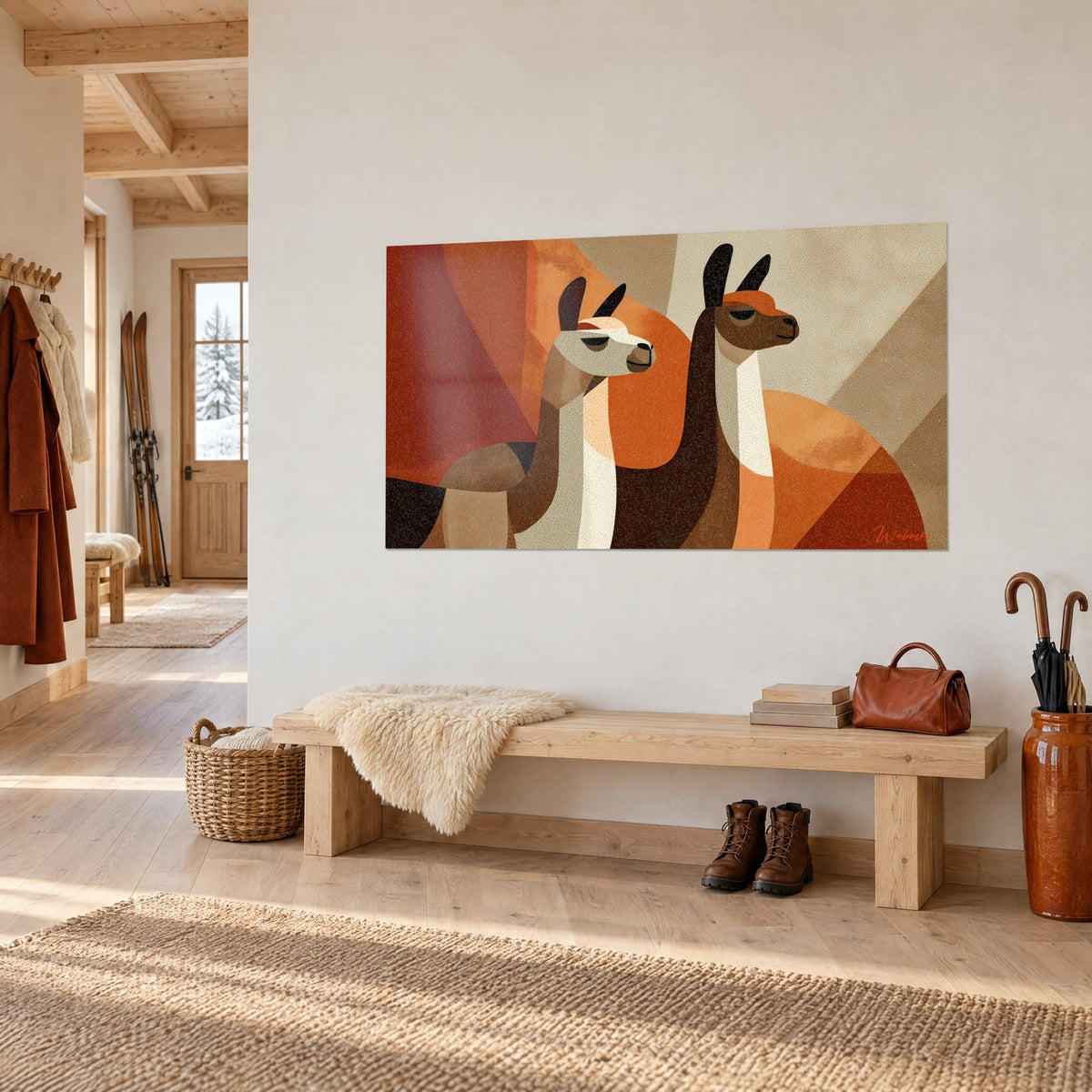 Wall art duo of Andean camelids in terracotta and sand flat tones, hung above a light wood entryway bench