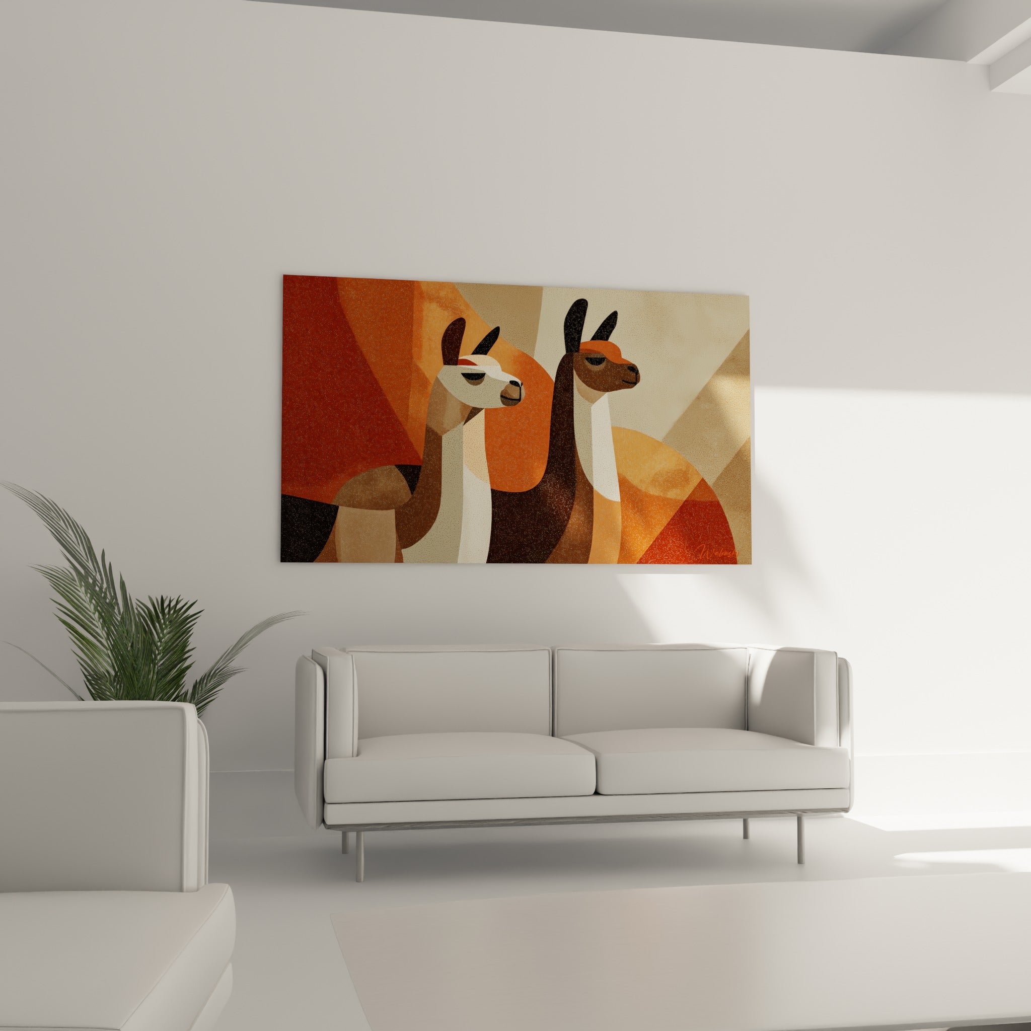 Duo de lamas fauve et terracotta suspendu au-dessus d'un canapé dans un salon lumineux