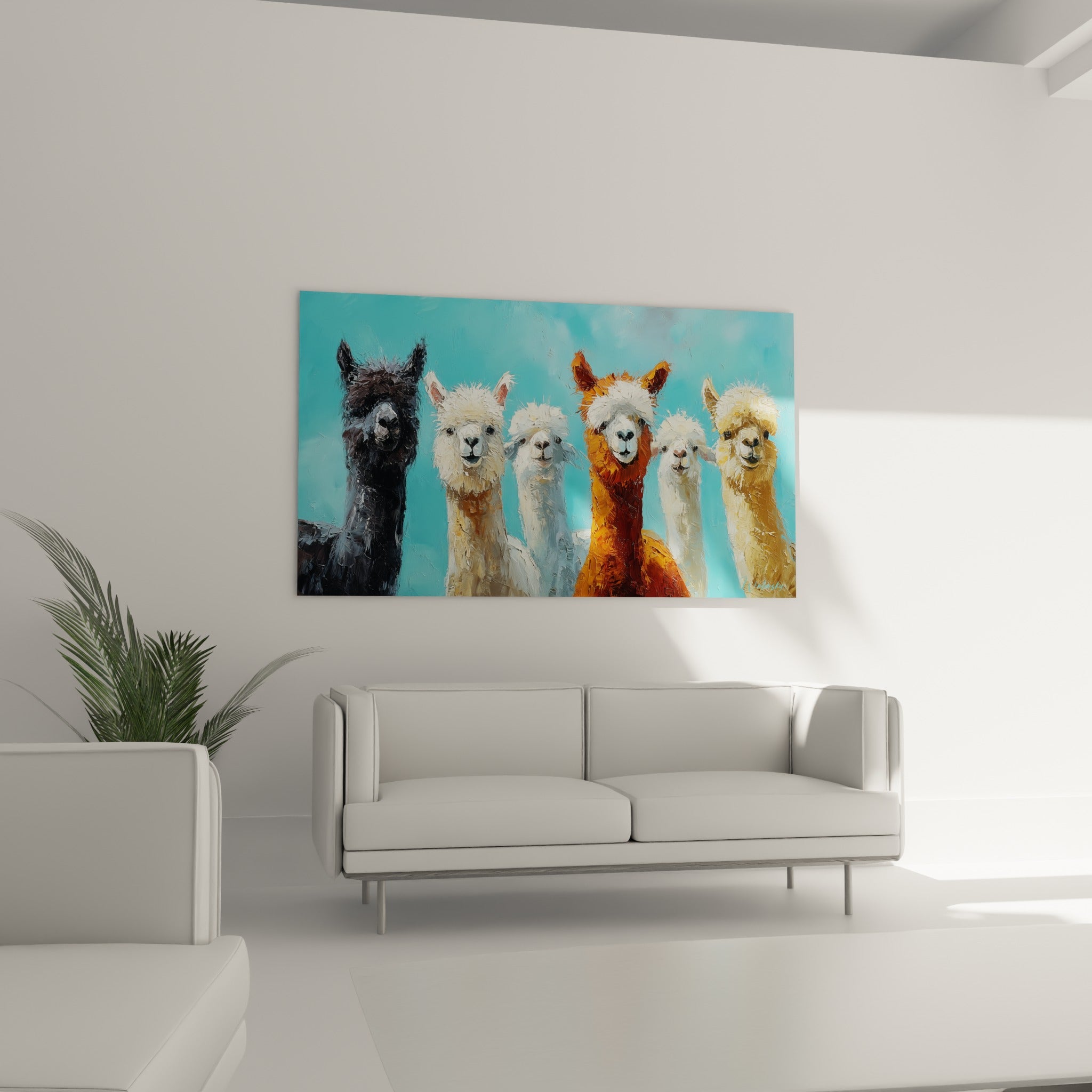 Lamas fauve et blanc au fond turquoise vif, suspendus au-dessus d'un canapé dans un salon lumineux.