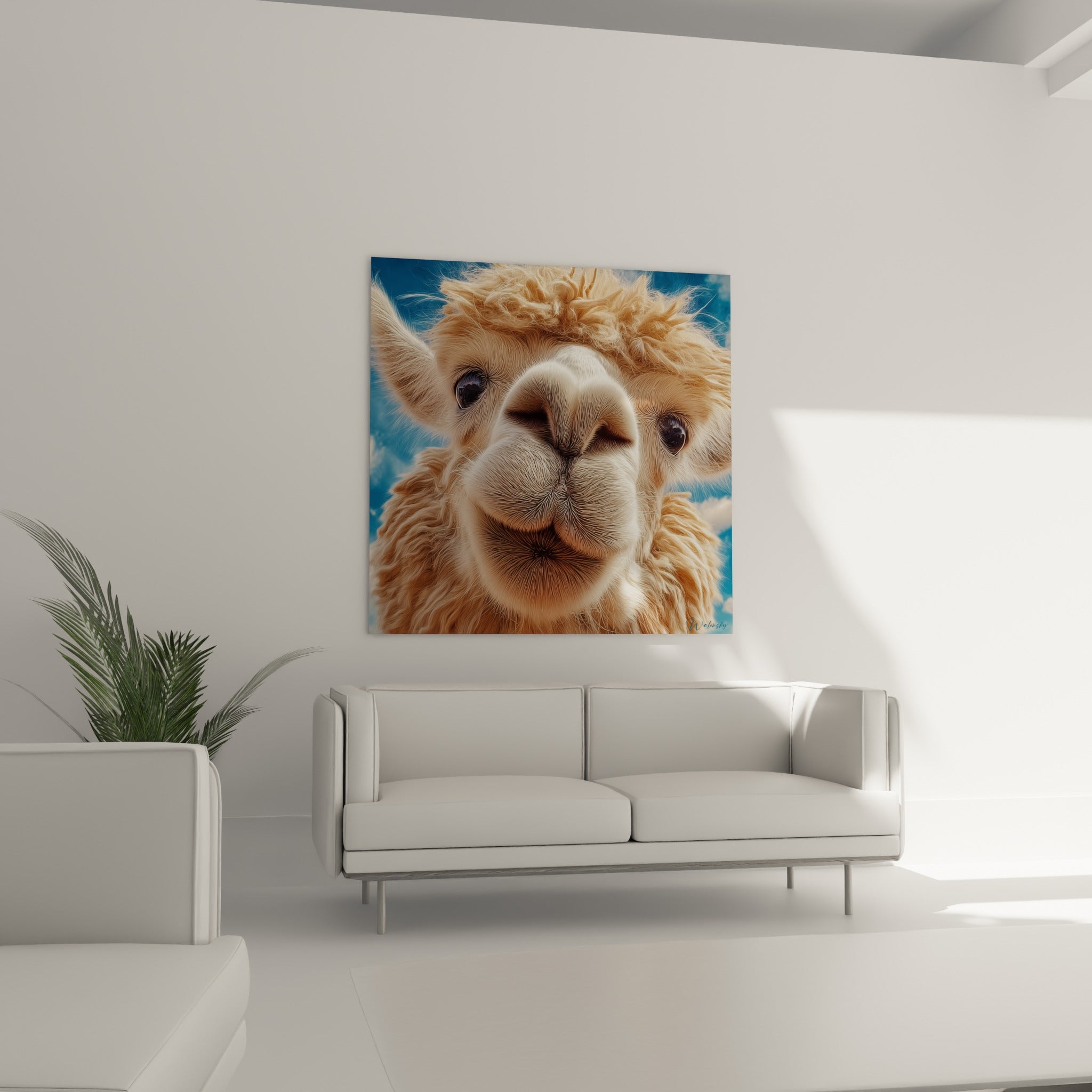 Regard curieux du lama fauve et bleu accroché au-dessus d'un canapé dans un salon lumineux