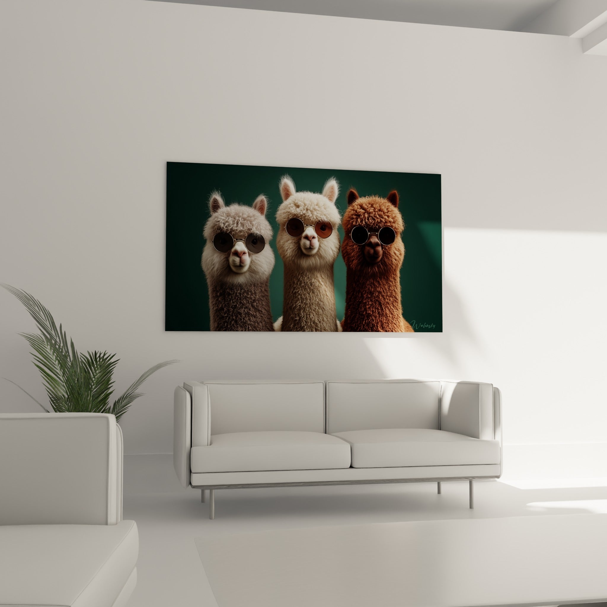 Lamas bruns et gris à lunettes rondes suspendus au-dessus d'un canapé dans un salon lumineux