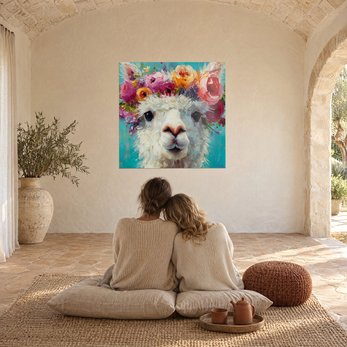 Quadro lama floreale dalle pennellate corpose rosa, arancio e turchese, appeso in un casolare provenzale, con una coppia seduta davanti