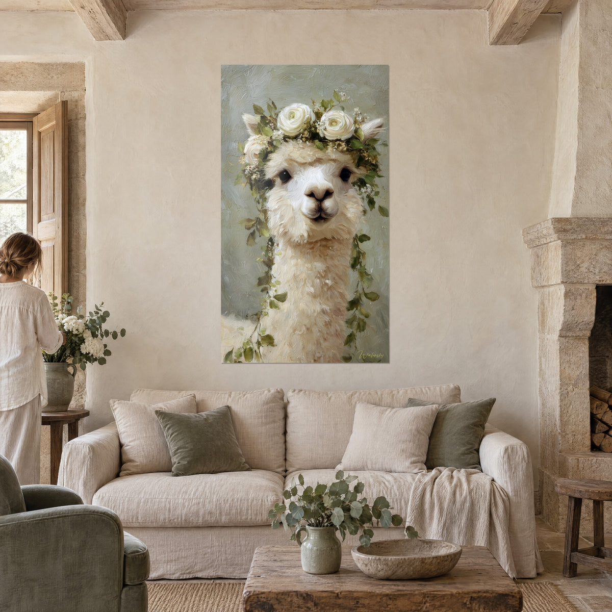 Wall art white alpaca crowned with ivory roses and sage green foliage, grey-green background, above a sofa in a bright living room
