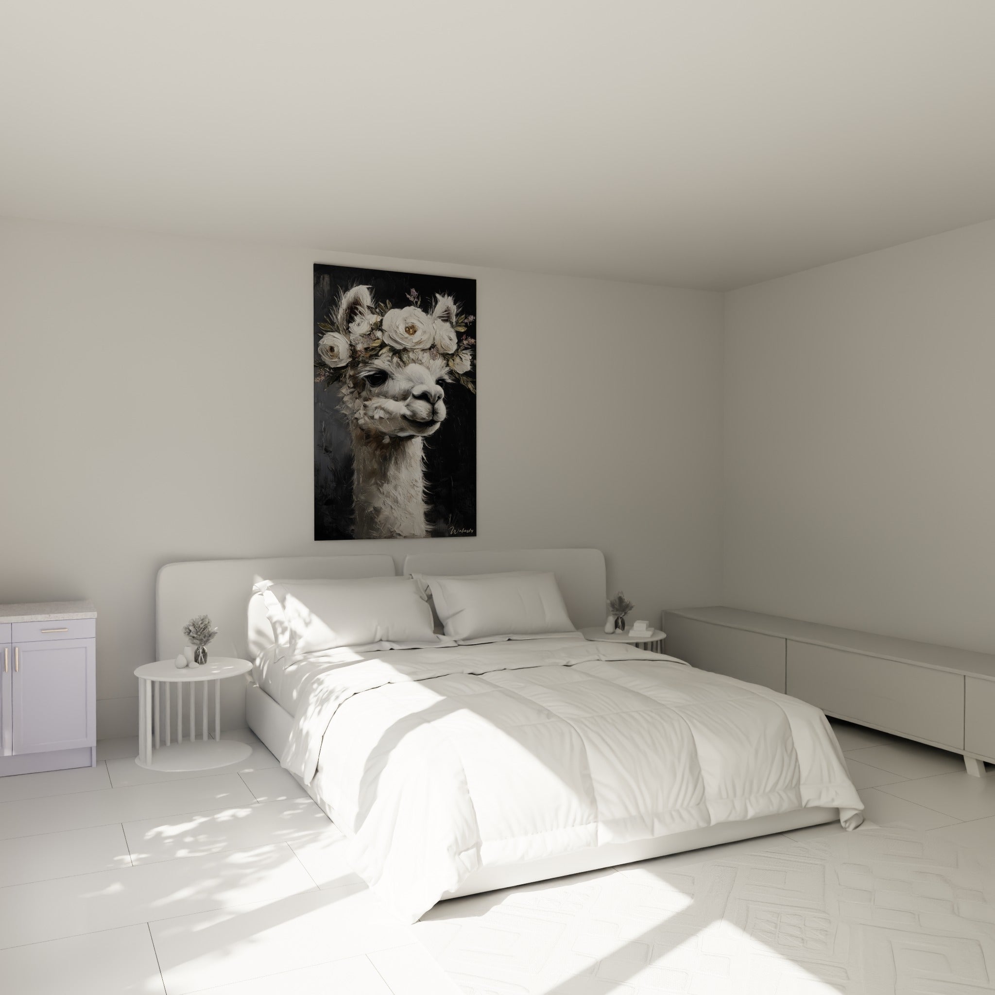 Portrait de lama blanc fleuri aux tons crème, accroché au-dessus d'un lit dans une chambre claire