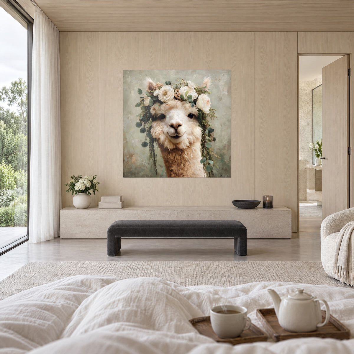 Schilderij van een bloemrijke alpaca met ivoorkleurige pioenrozen en zachtgroene bladeren, roze snuit, boven een bed in een lichte slaapkamer