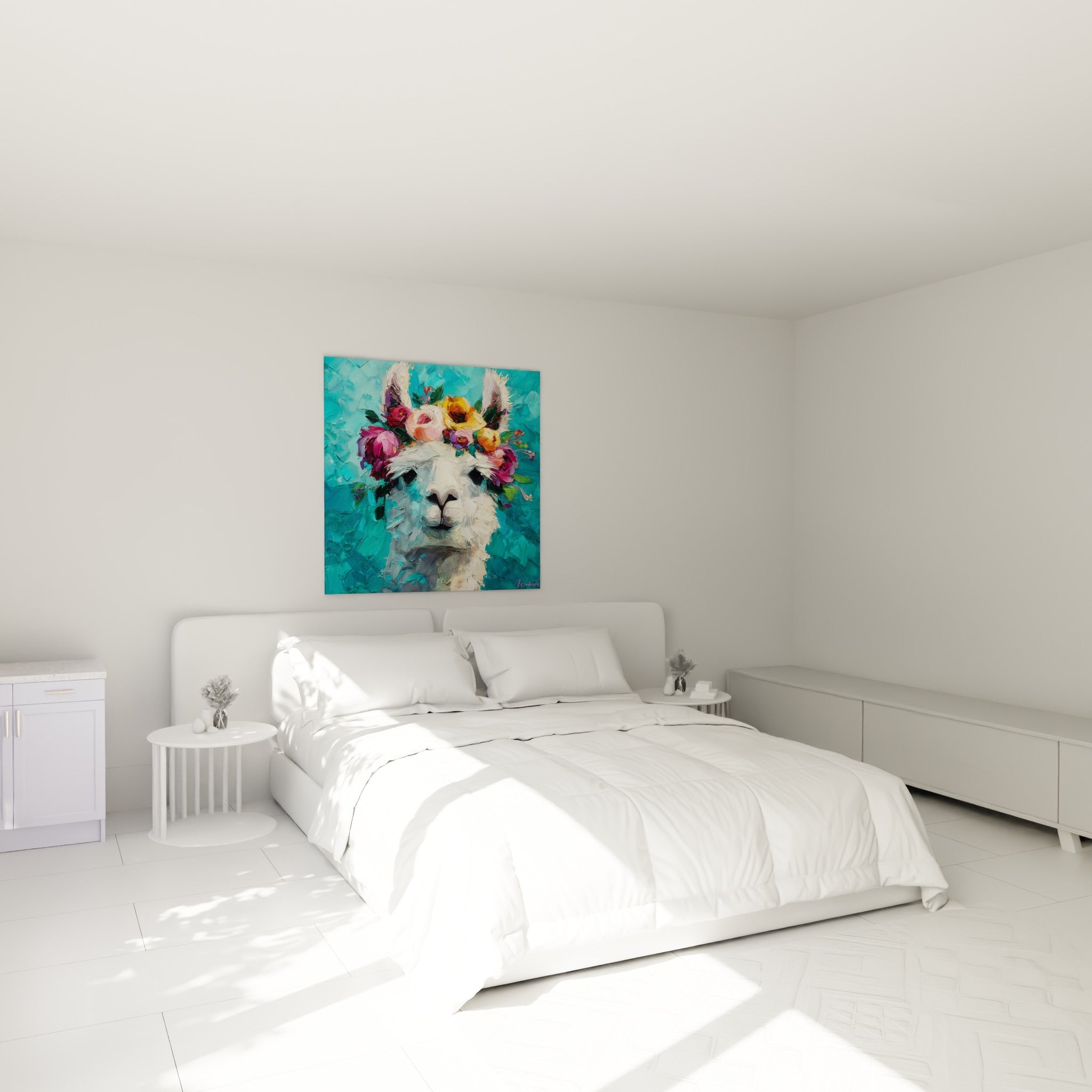 Museau doux du lama fleuri turquoise et rose au-dessus d'un lit dans une chambre claire