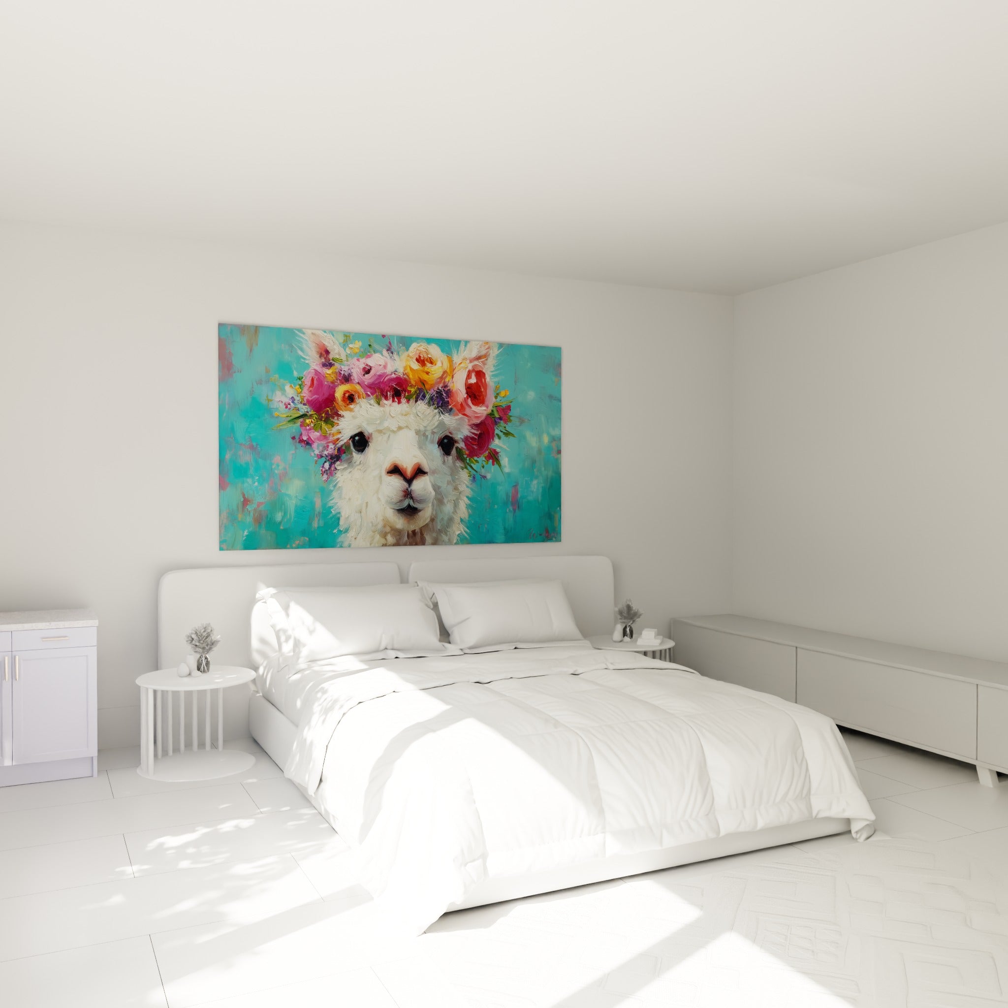 Portrait de lama fleuri turquoise et rose accroché au-dessus d'un lit dans une chambre claire
