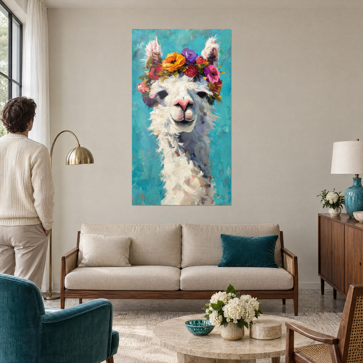 Cuadro alpaca blanca de hocico rosa bajo una corona de flores naranjas y violetas, fondo turquesa, encima de un sofá en un salón luminoso