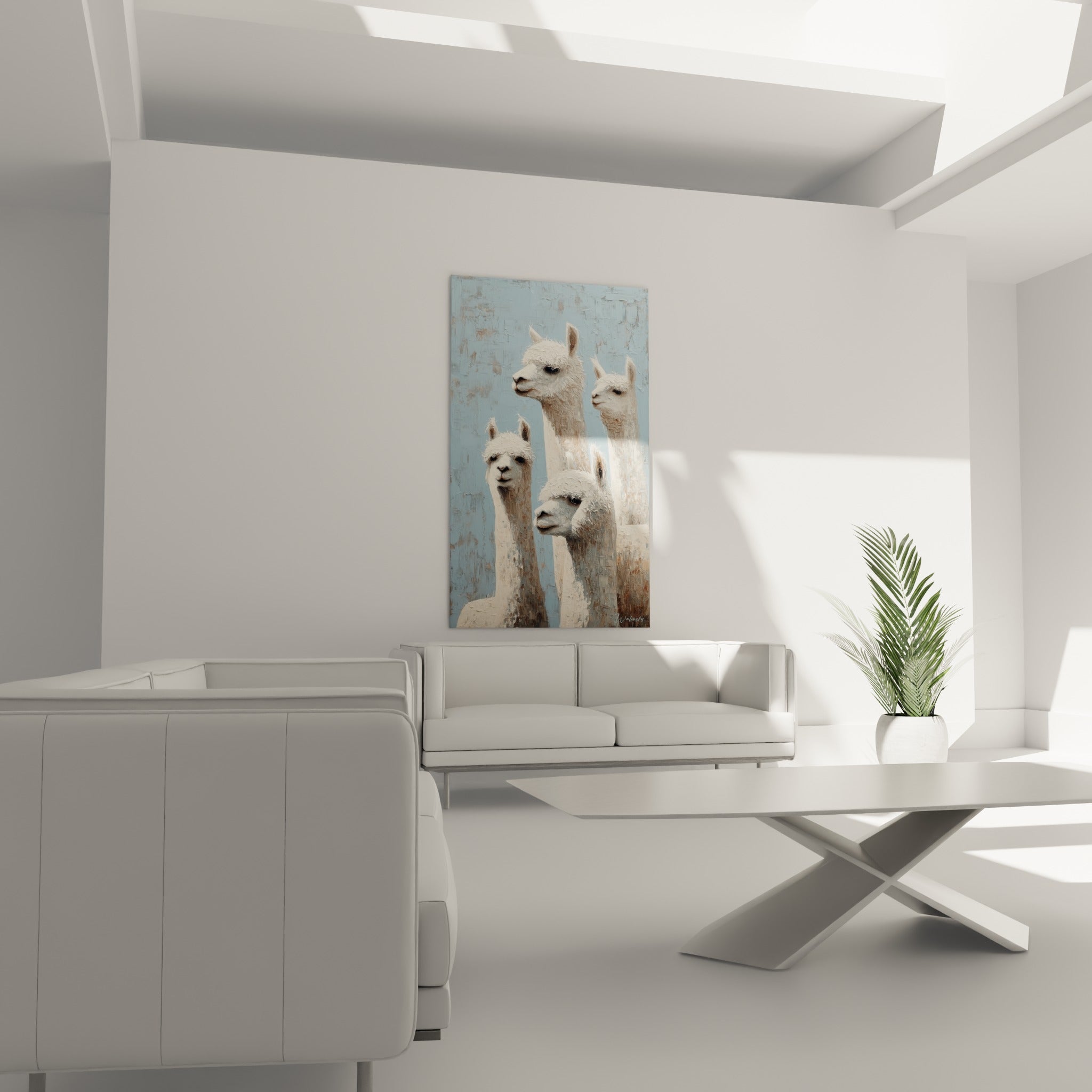 Silhouettes de lamas blancs sur fond bleu poudré, suspendues au-dessus d'un canapé dans un salon lumineux