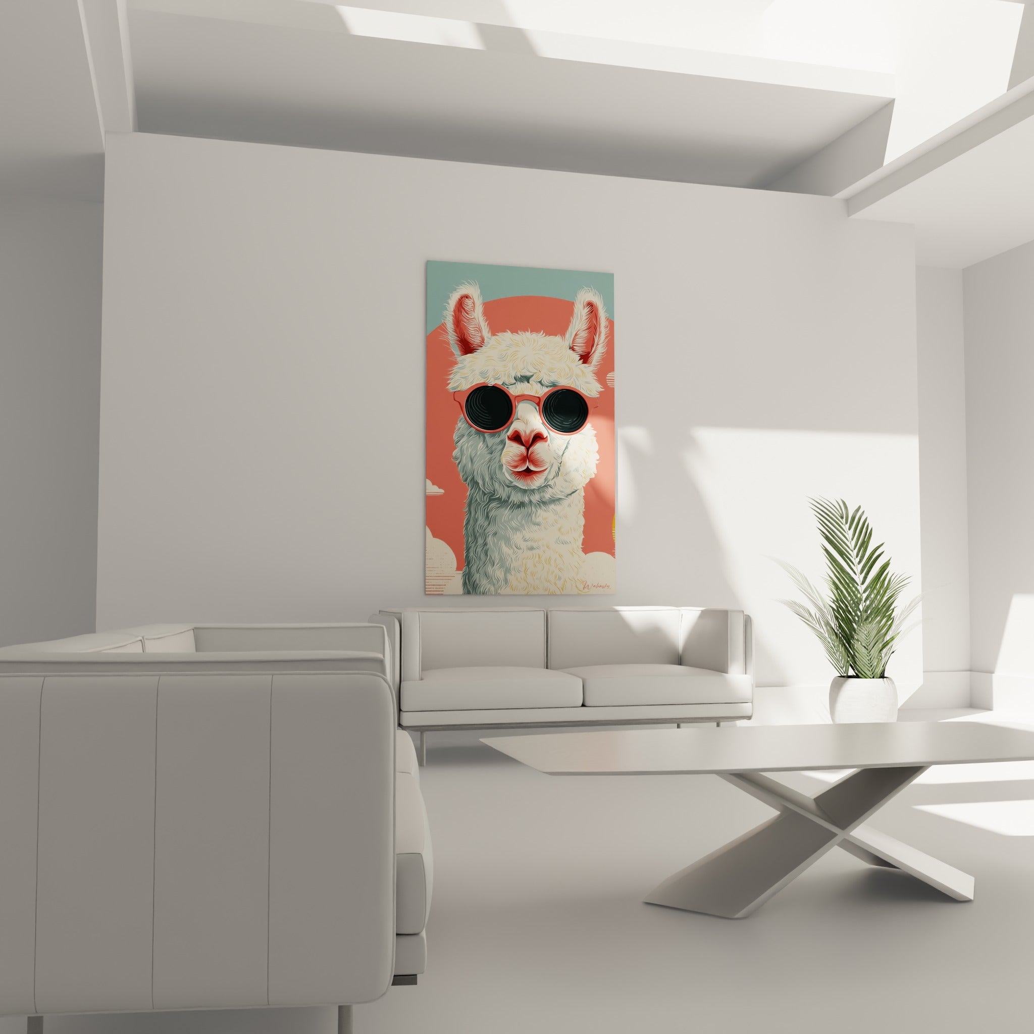 Lama espiègle aux lunettes noires et fond corail vif au-dessus d'un canapé dans un salon lumineux
