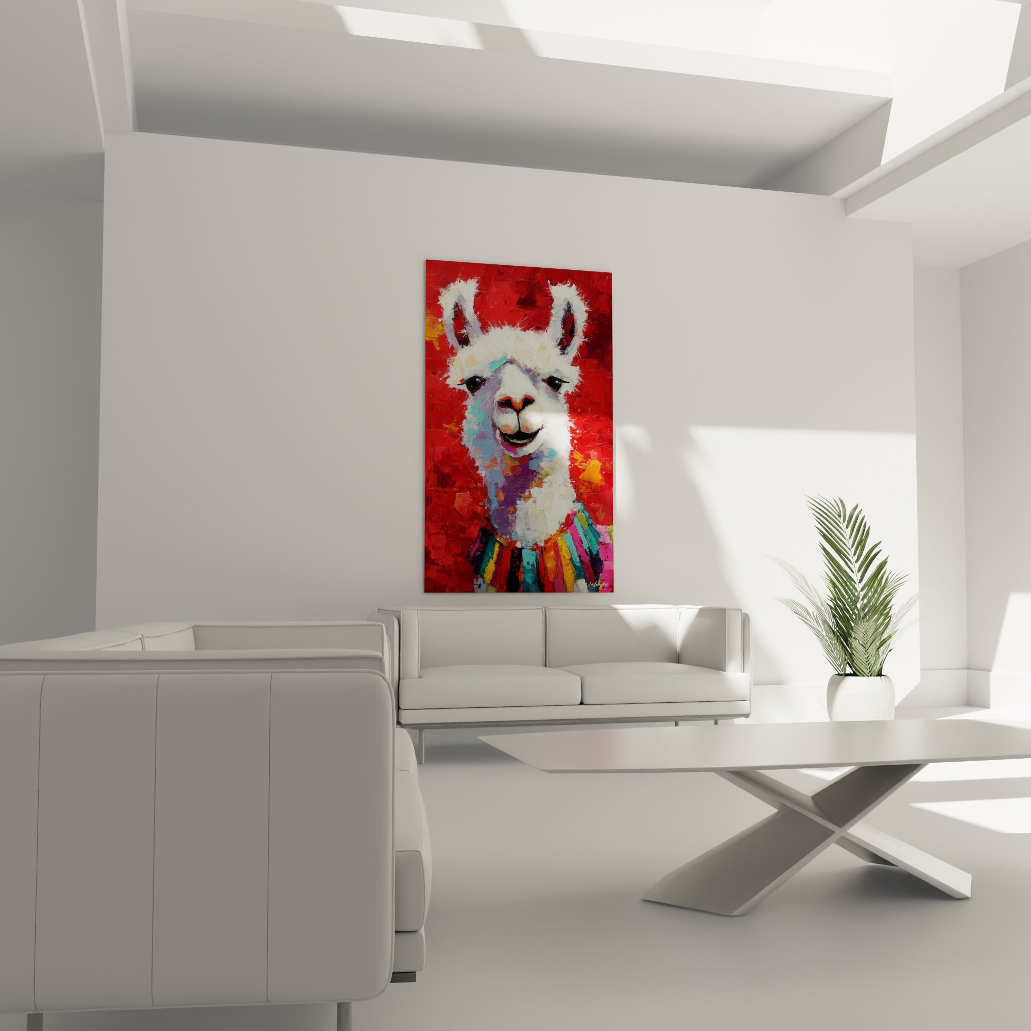 Visage joyeux d'un lama sur fond rouge intense et pelage crème, au-dessus d'un canapé dans un salon lumineux