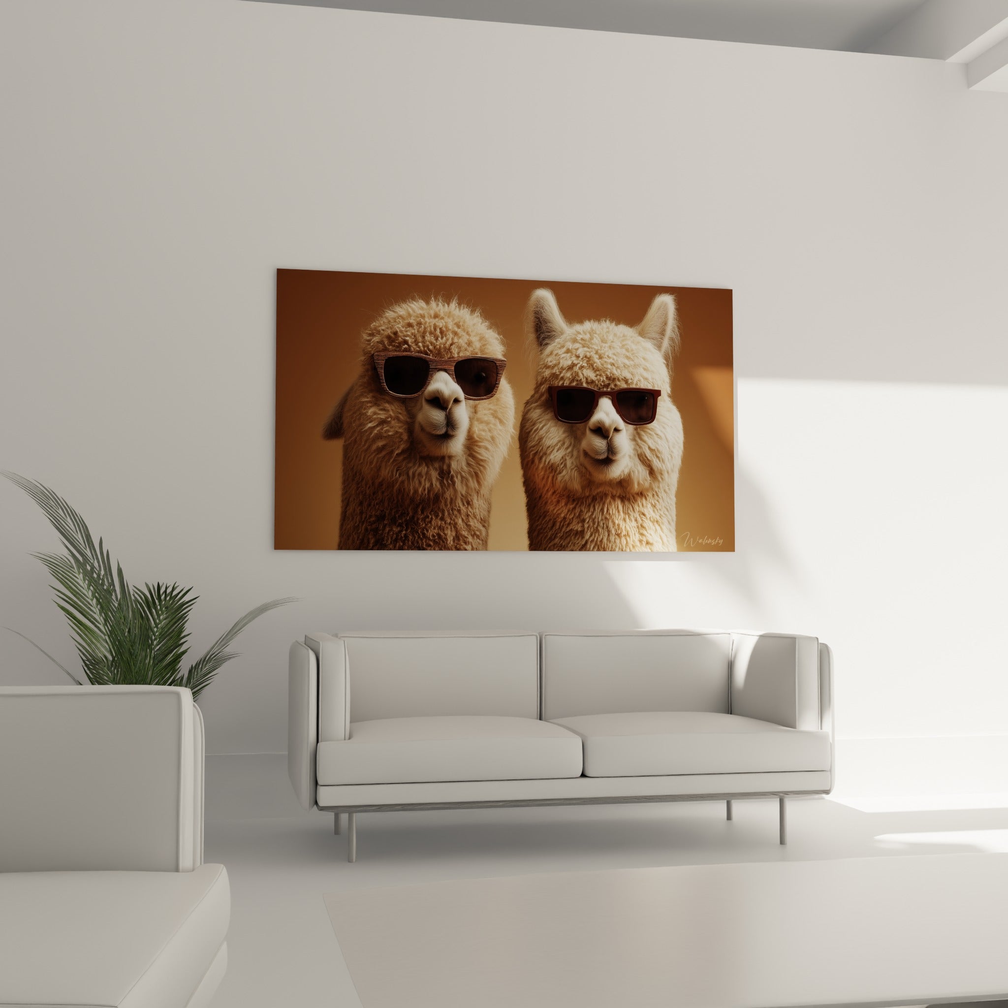Duo de lamas beige à lunettes de soleil suspendu au-dessus d'un canapé dans un salon lumineux