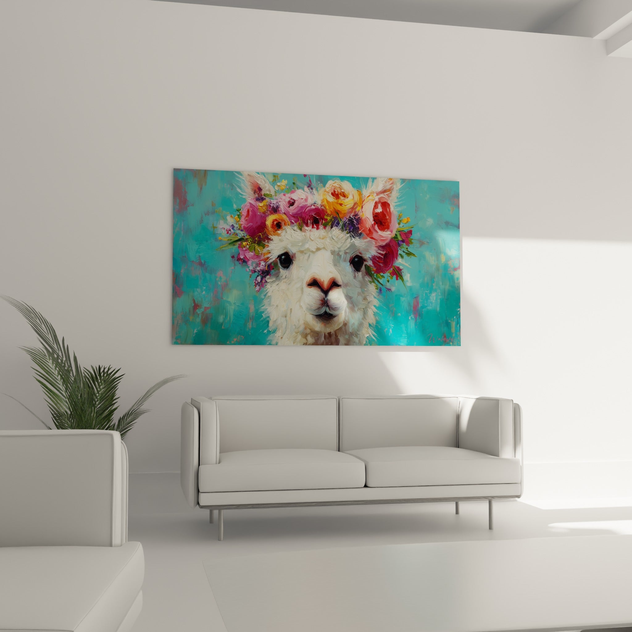 Lama couronné de fleurs orange et violettes sur fond bleu-vert, au-dessus d'un canapé dans un salon lumineux