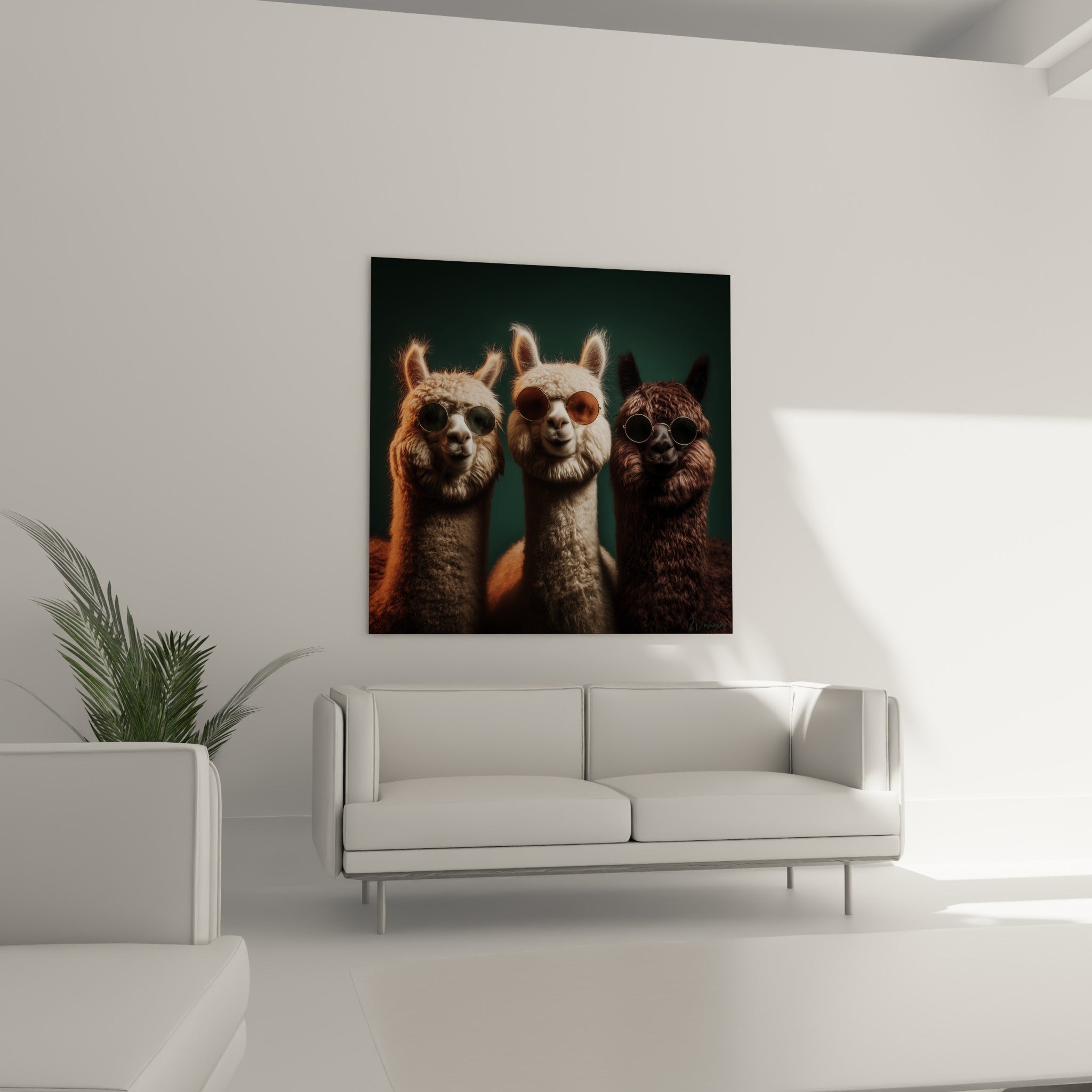 Trio de lamas élégants aux lunettes teintées, brun et crème, au-dessus d'un canapé dans un salon lumineux