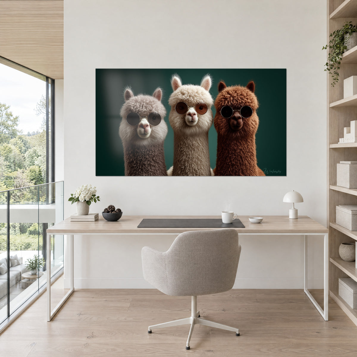 Cuadro llamas con gafas de sol redondas, lana rizada gris, marfil y castaña, fondo verde esmeralda, encima de un escritorio de madera clara