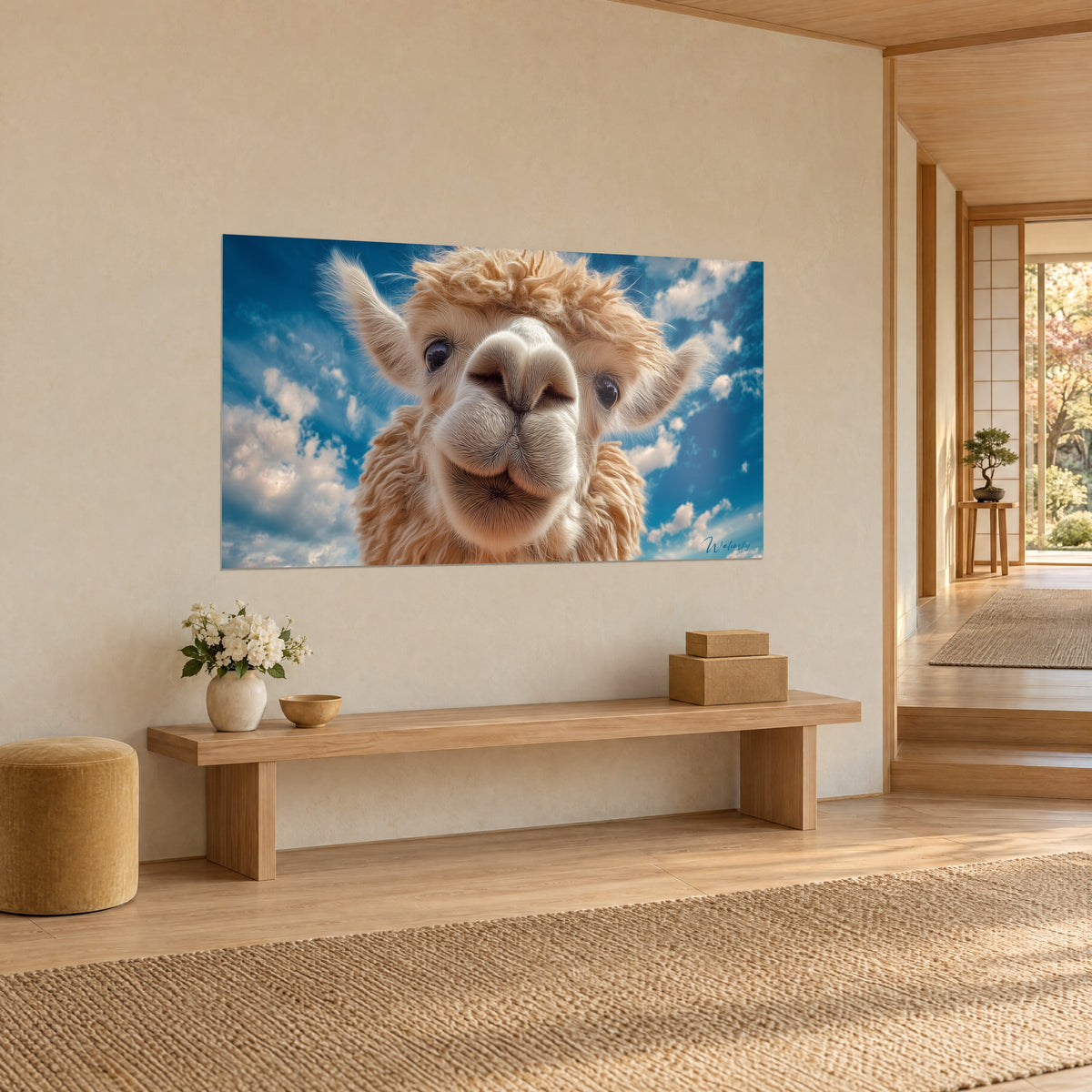 Wall art cream alpaca with round muzzle and upright ears against azure blue sky, beige Japandi wall, wooden bench