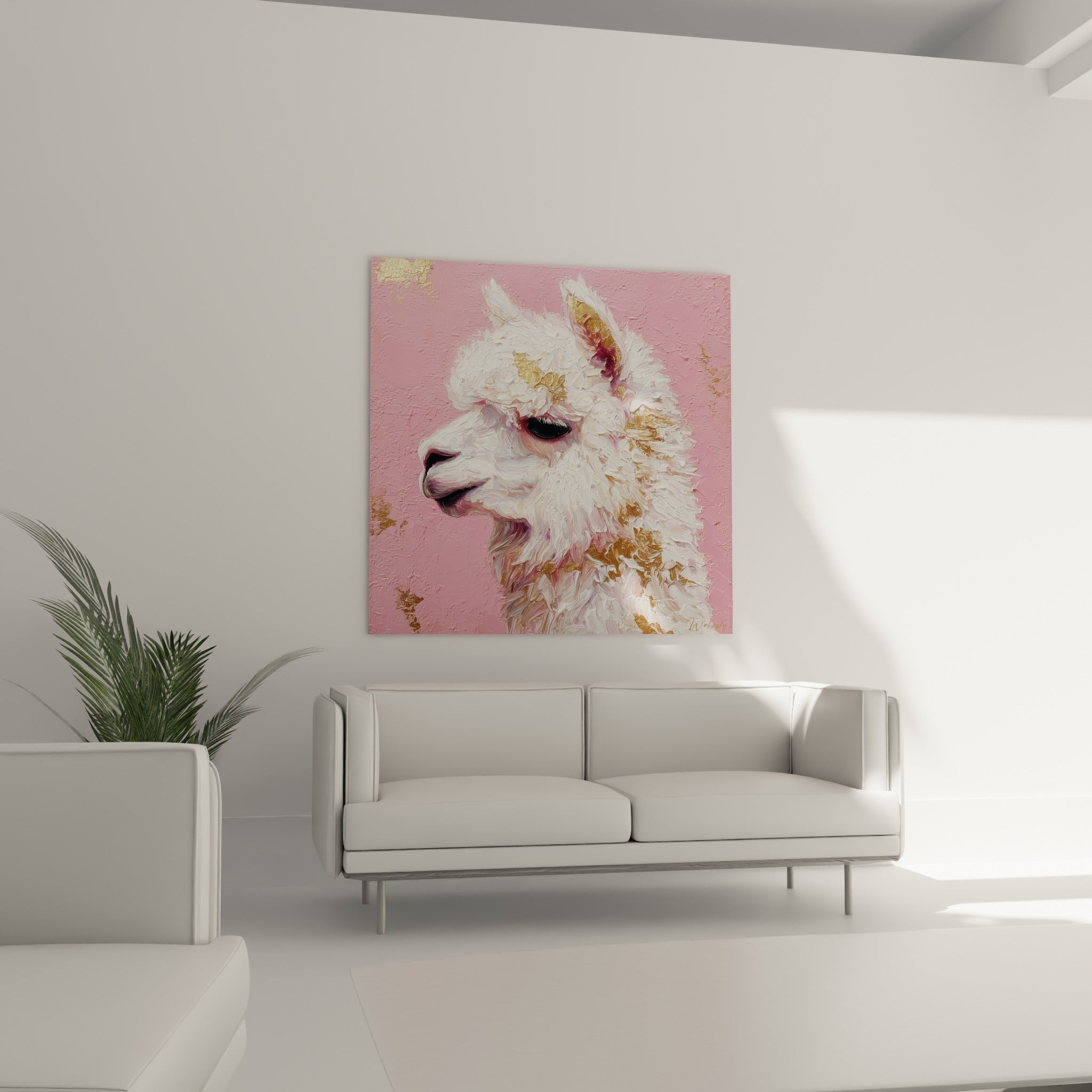Fourrure blanche épaisse et reflets dorés d'un lama sur fond rose, au-dessus d'un canapé dans un salon lumineux