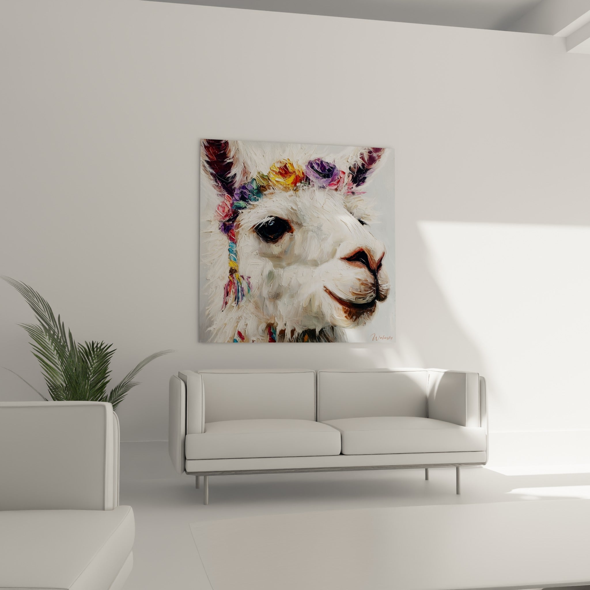 Visage de lama à la fourrure blanche texturée et couronne rose et dorée, au-dessus d'un canapé dans un salon lumineux