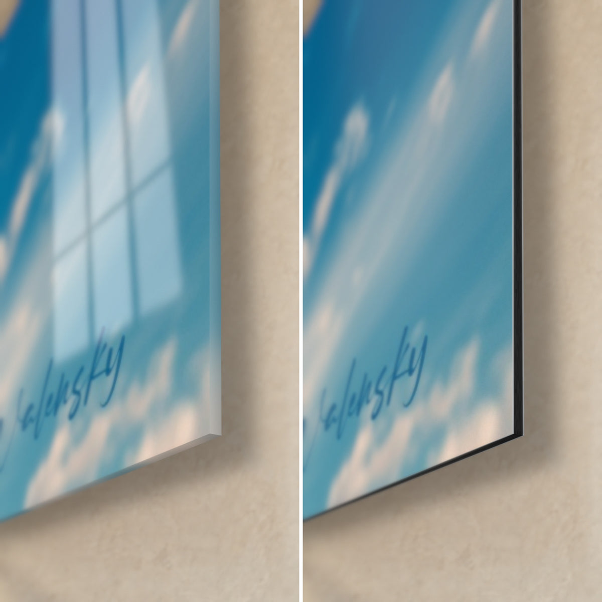 Wall art beige llama against blue sky, bottom right corner: glossy acrylic glass on the left, matte black Dibond aluminium on the right