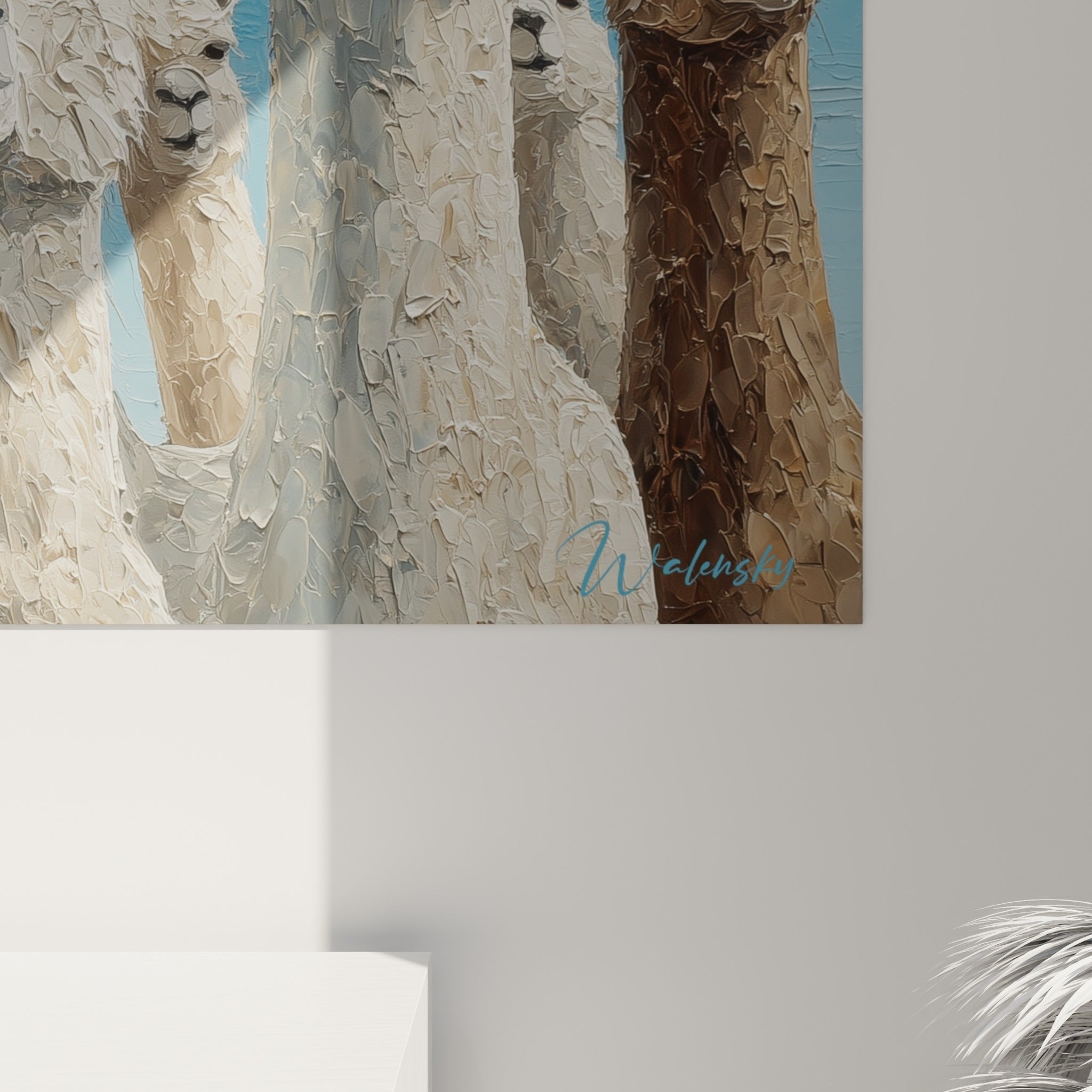 Matière épaisse et empâtée révélant les touches blanches et brunes du pelage des lamas