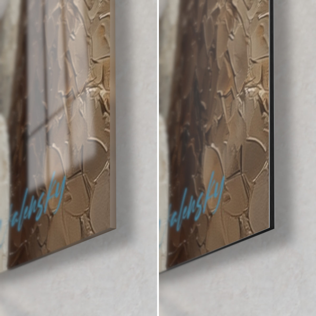 Wall art llamas in palette knife painting, bottom right corner: glossy glass with reflections, matte black Dibond, 3 mm edge thickness