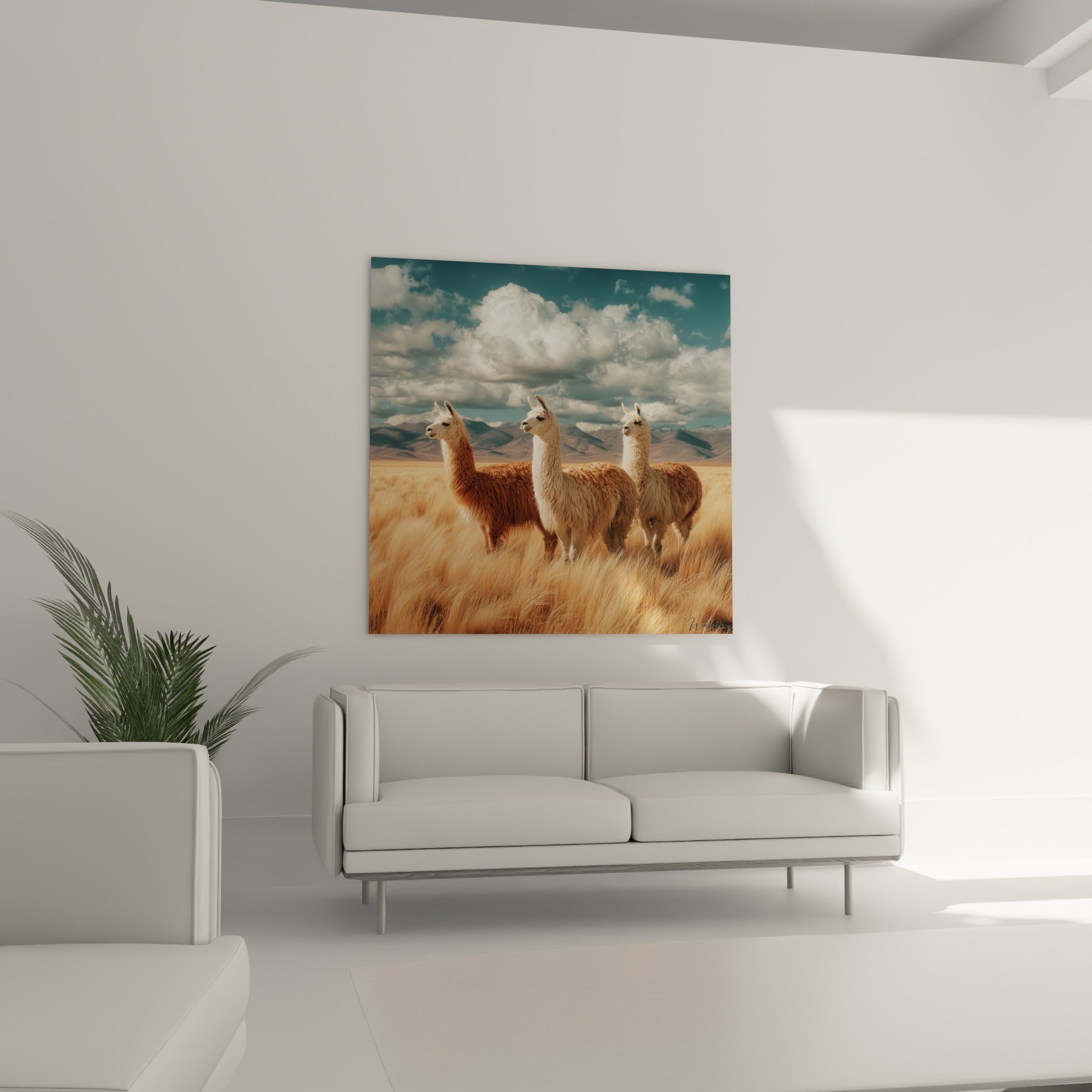 Silhouettes de lamas terracotta et blanches face aux montagnes bleutées, au-dessus d'un canapé dans un salon lumineux
