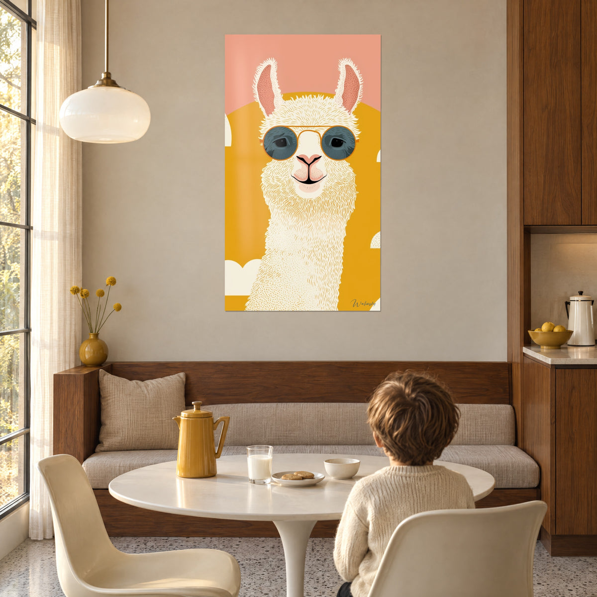 Cuadro de una llama hipster en ilustración gráfica, vellón marfil, fondo amarillo y rosa, pared beige de un rincón de comedor con mesa redonda blanca