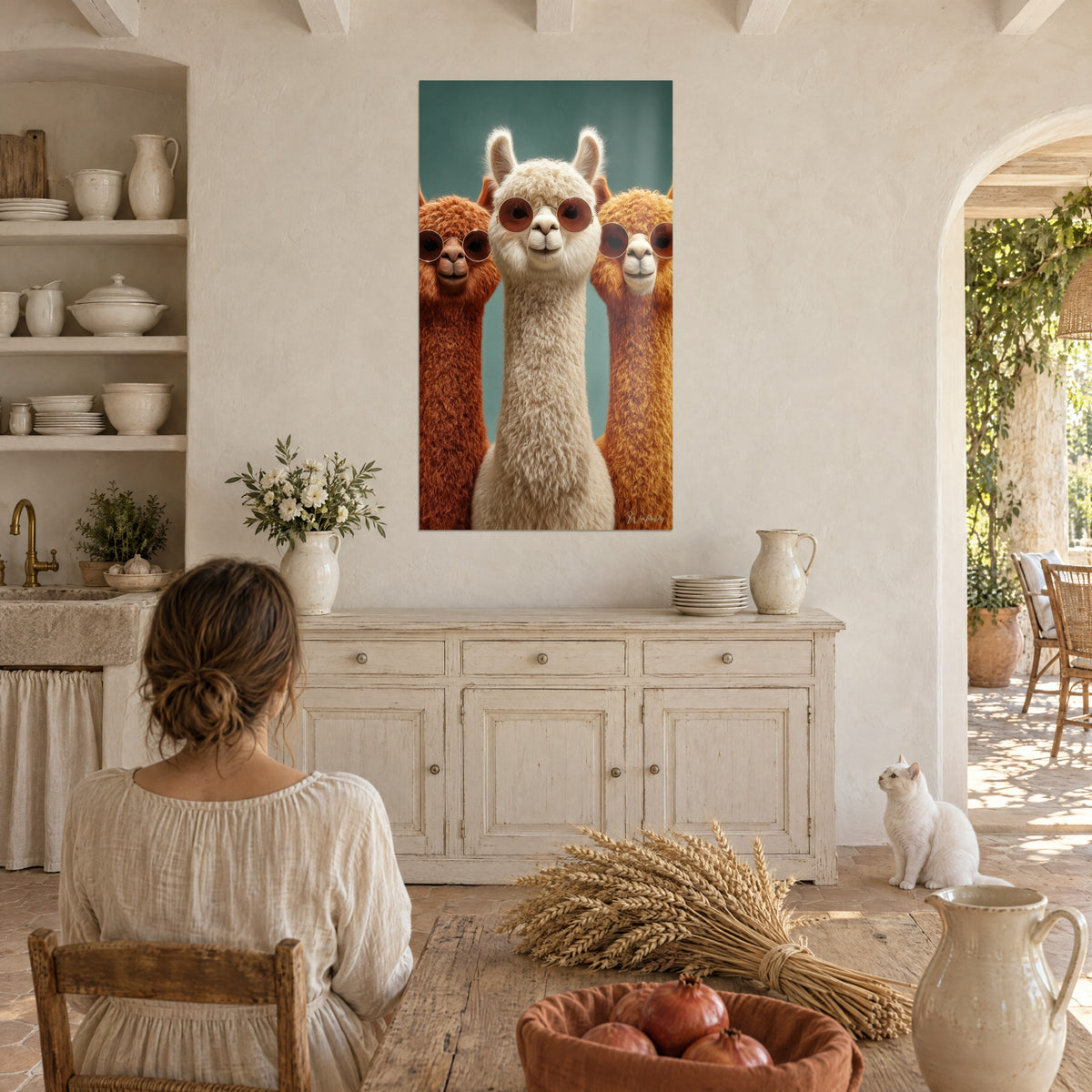 Cuadro alpacas hipster con gafas de montura metálica, lana marfil y ocre sobre fondo verde pato, mujer joven de espaldas y gato blanco