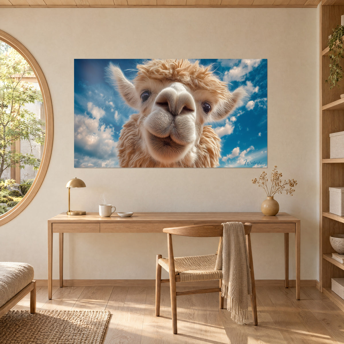 Wall art honey and cream curly llama head, large shiny eyes, cloudy cobalt blue background, light wooden desk, round window