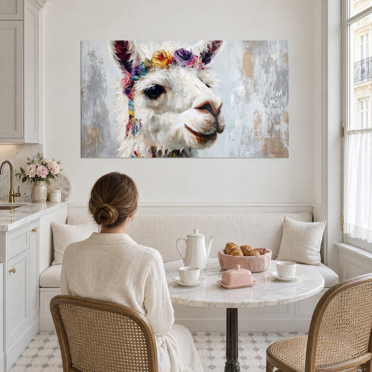 Wall art portrait of a white llama with yellow-orange and mauve flowers, grey and beige background, above a dining room banquette