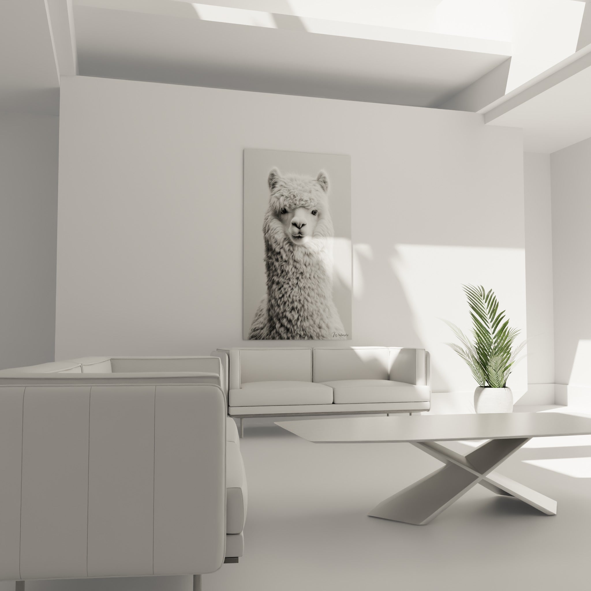 Œil sombre et fourrure blanche du lama, tableau accroché au-dessus d'un canapé dans un salon lumineux