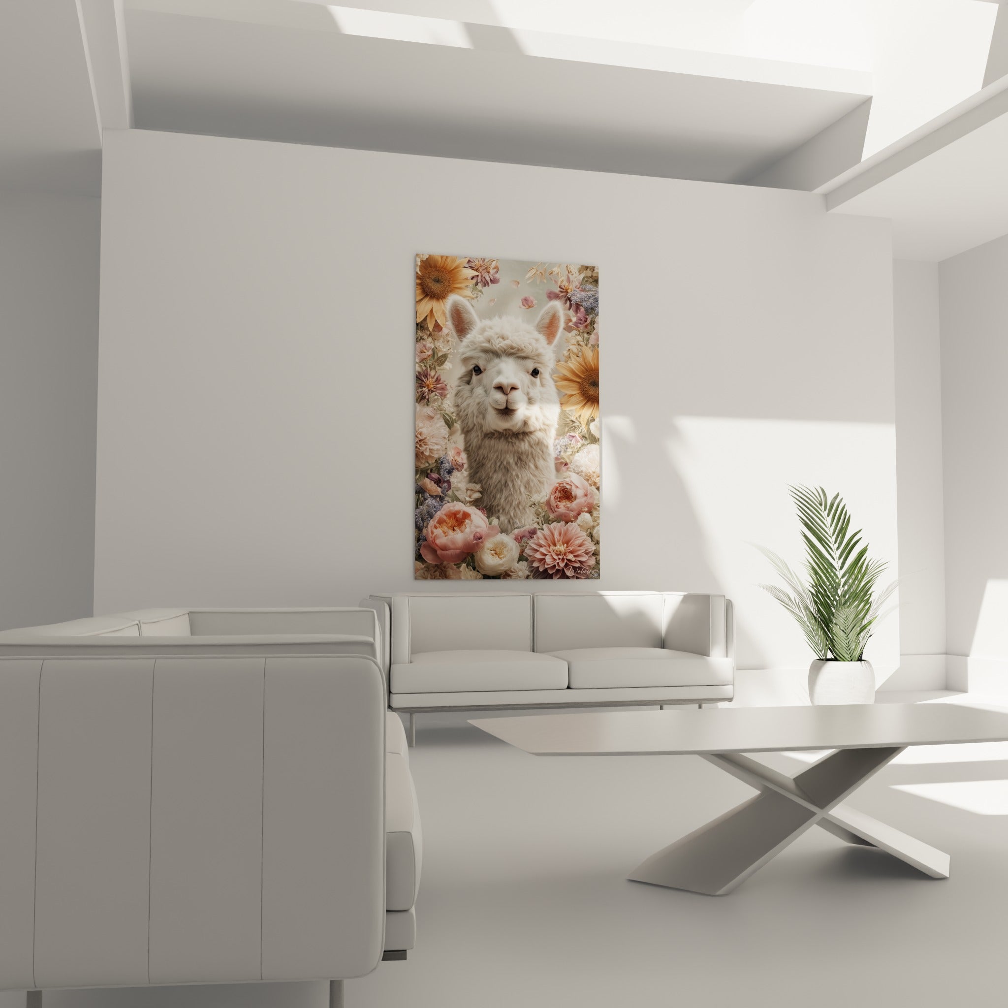Portrait du lama laineux blanc parmi pivoines roses et lavande, au-dessus d'un canapé dans un salon lumineux