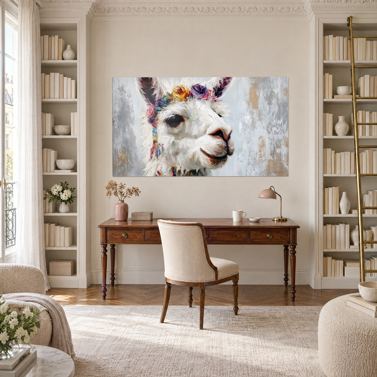 Wall art llama head with creamy wool, braided halter in pink and blue, grey background, wooden desk between two bookcases