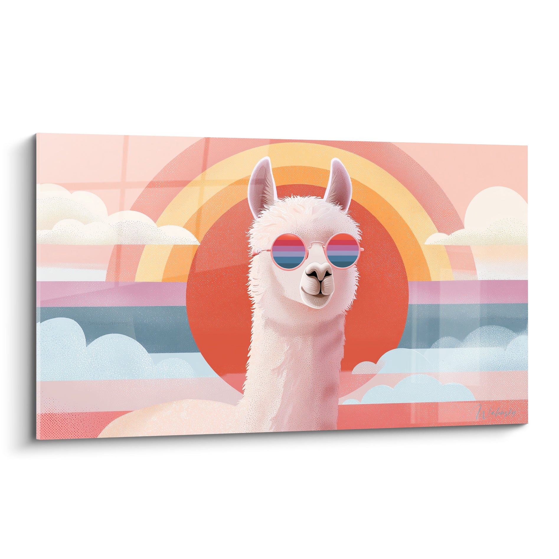 Lama blanc aux lunettes arc-en-ciel devant un soleil rouge orangé et nuages roses