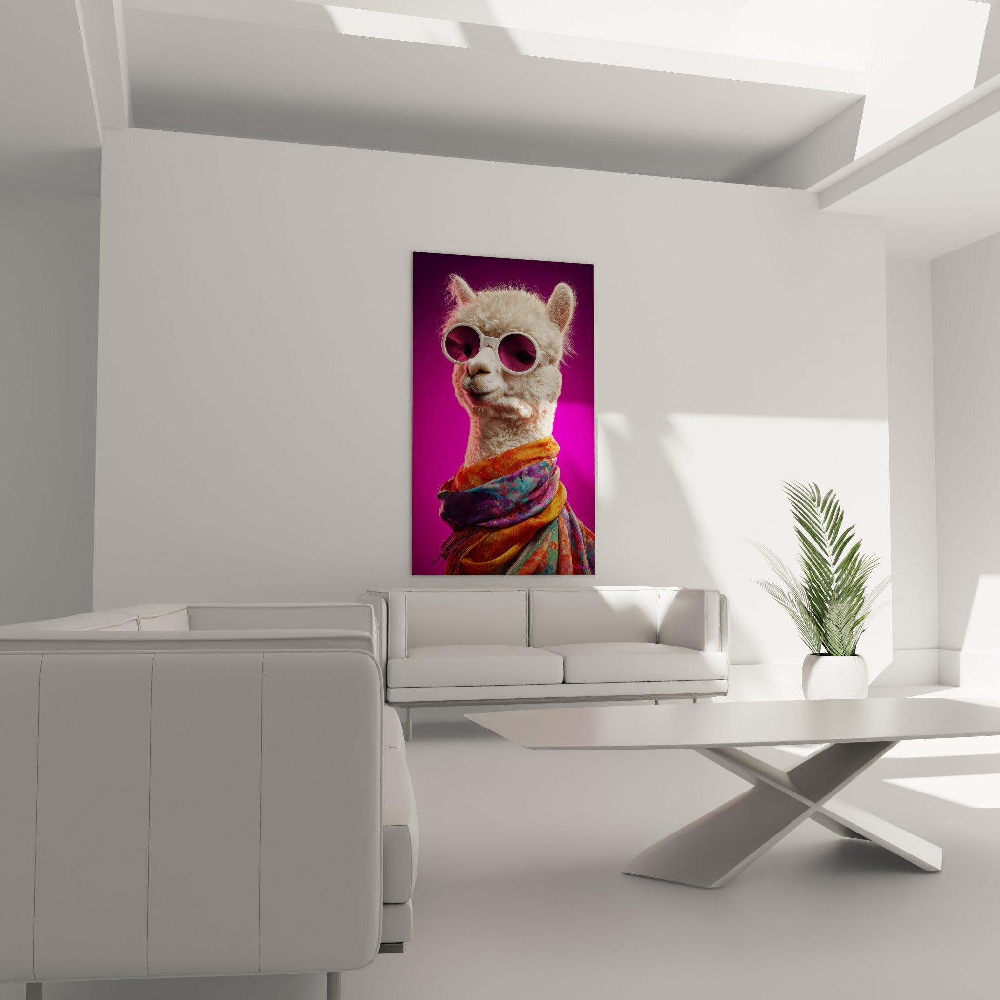 Animal élégant en lunettes rondes et écharpe violette et dorée, au-dessus d'un canapé dans un salon lumineux