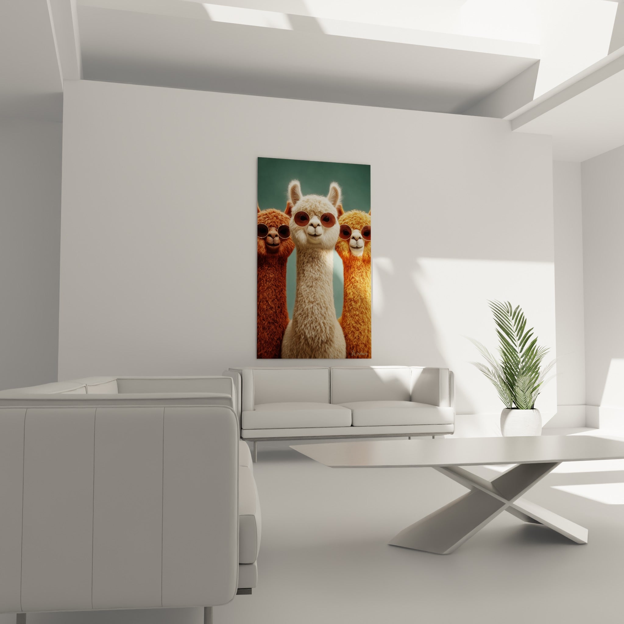 Alpagas à lunettes brunes et pelage ocre installés au-dessus d'un canapé dans un salon lumineux