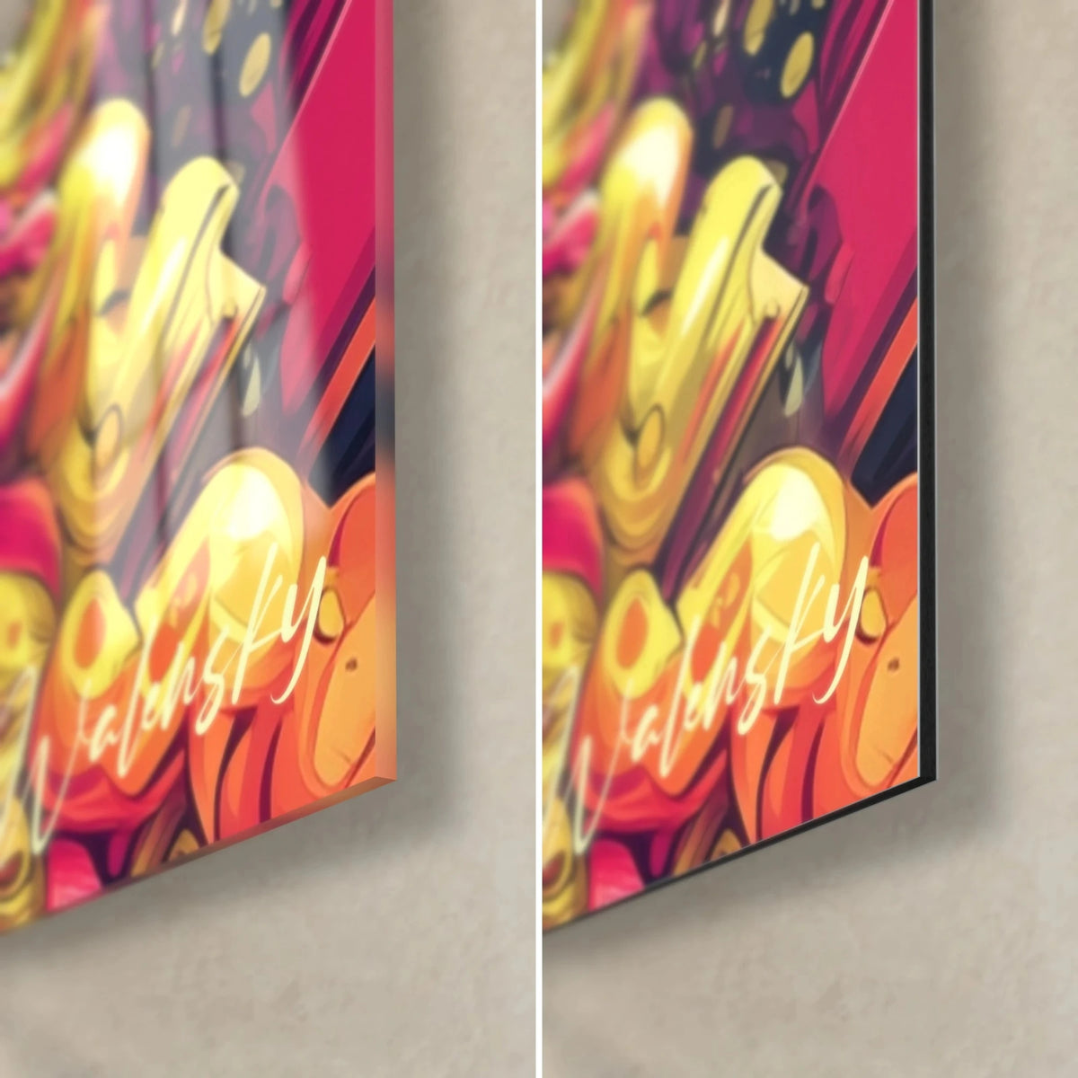 Gemälde Buntes Lama, untere rechte Ecke: glänzendes gelbes und rosa Acrylglas links, mattes orangefarbenes Dibond rechts, 3 mm Kante