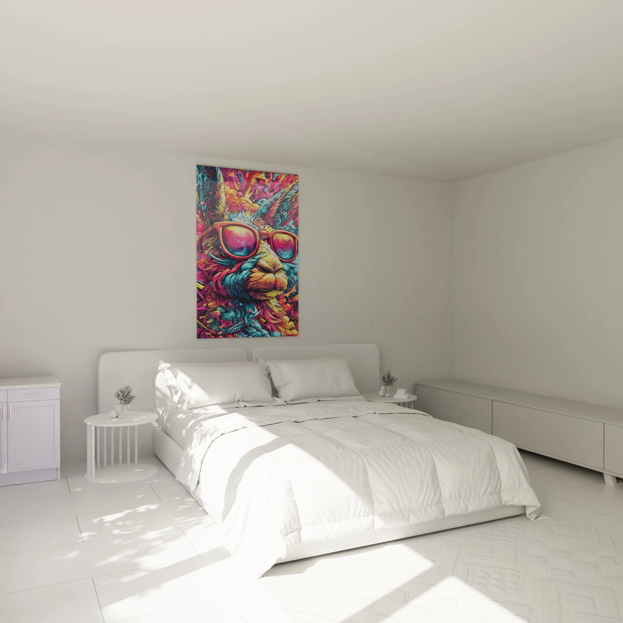 Ambiance chambre avec tableau lama lunettes colorées décoration murale moderne art psychédélique vibrant