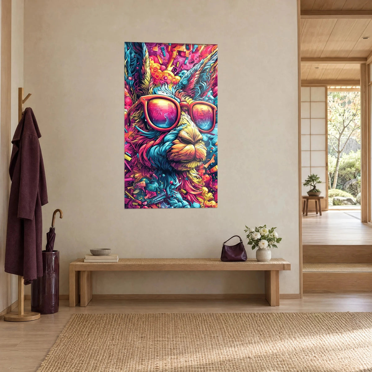 Gemälde Hippie-Lama-Schnauze mit rosa verspiegelten Gläsern, die einen Strand reflektieren, blaue und gelbe Ohren, helle japandi Holzkonsole