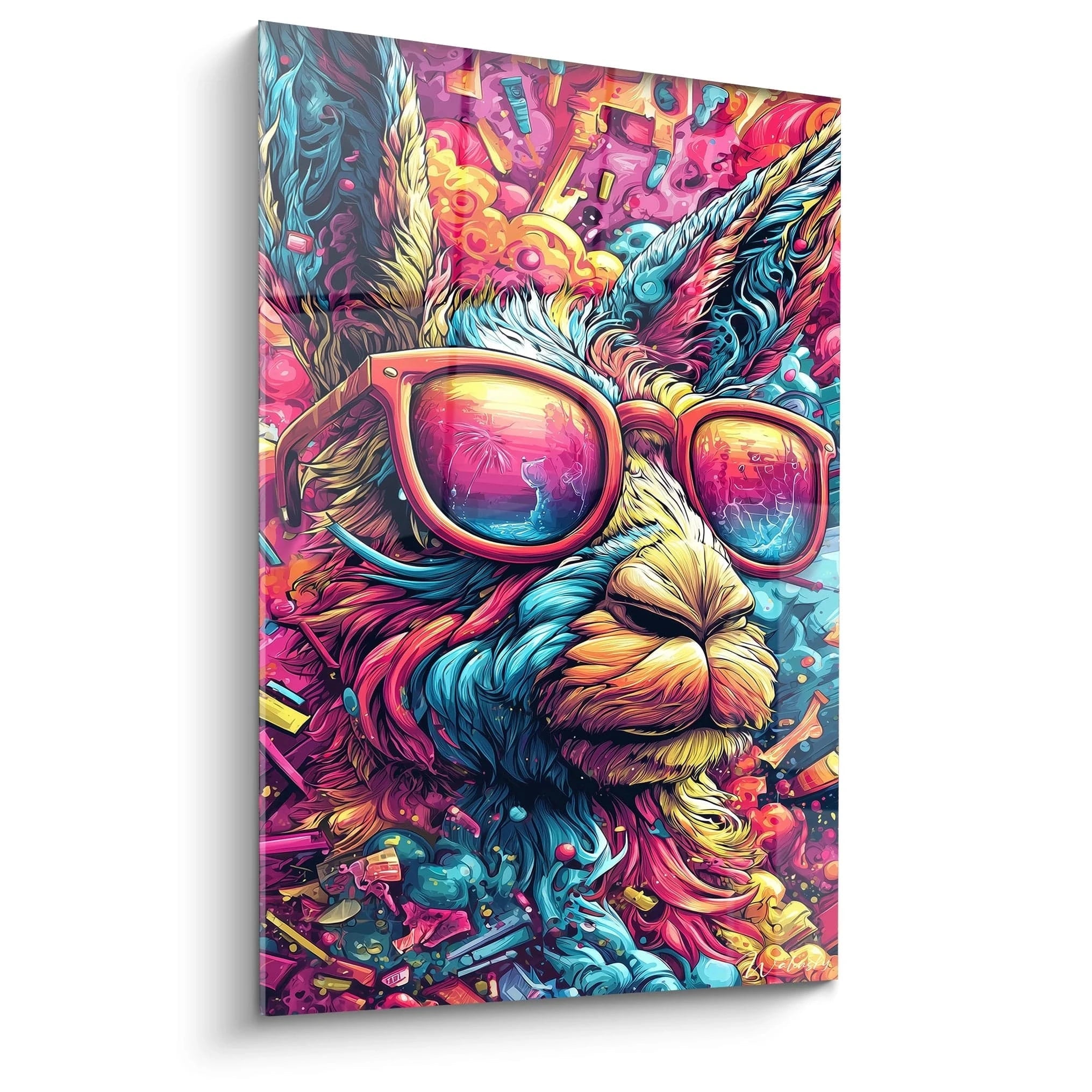 Tableau mural lama psychédélique portant lunettes colorées style art moderne explosion couleurs vives