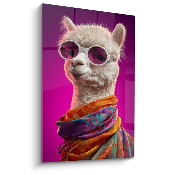 Tableau Lama blanc lunettes rondes fond fuchsia - Star excentrique - Edition Lama