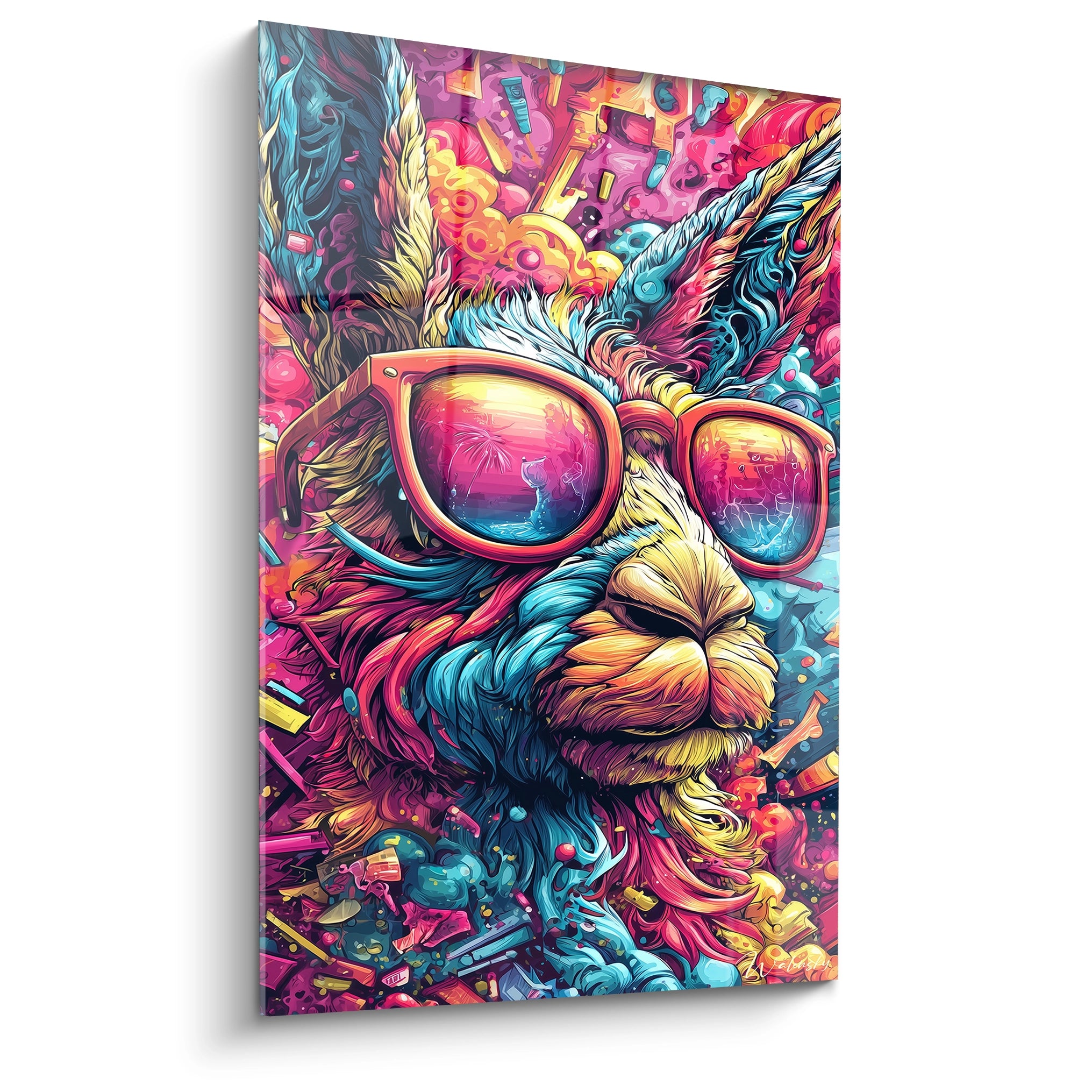 Tableau mural lama psychédélique portant lunettes colorées style art moderne explosion couleurs vives