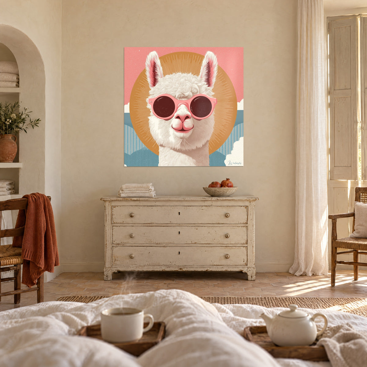 Wall art of a cream camelid with large ears and rosy-tinted glasses, golden disc on a coral and blue background, above a bed in a light bedroom