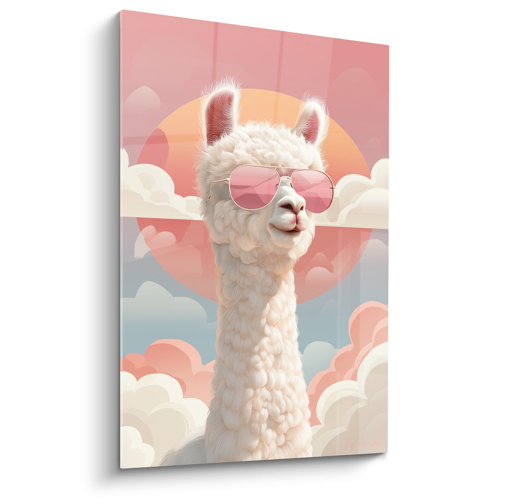 Lama blanc à lunettes roses aviateur, fond dégradé pêche et bleu pastel
