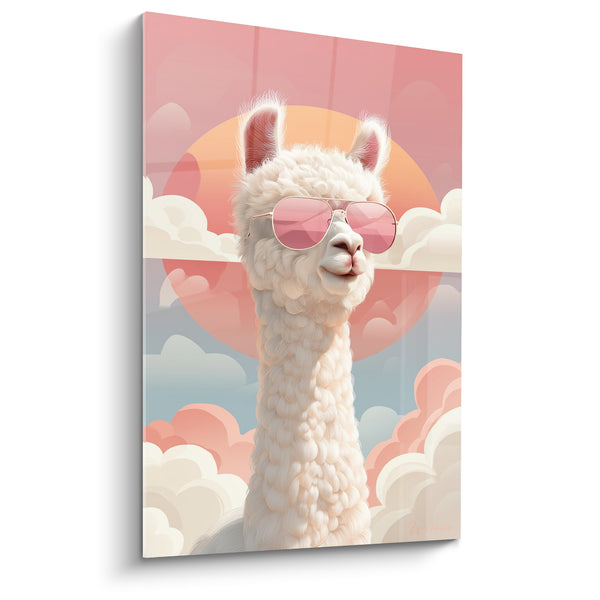 Tableau Lama blanc lunettes roses coucher de soleil - Nonchalance ensoleillée - Edition Lama