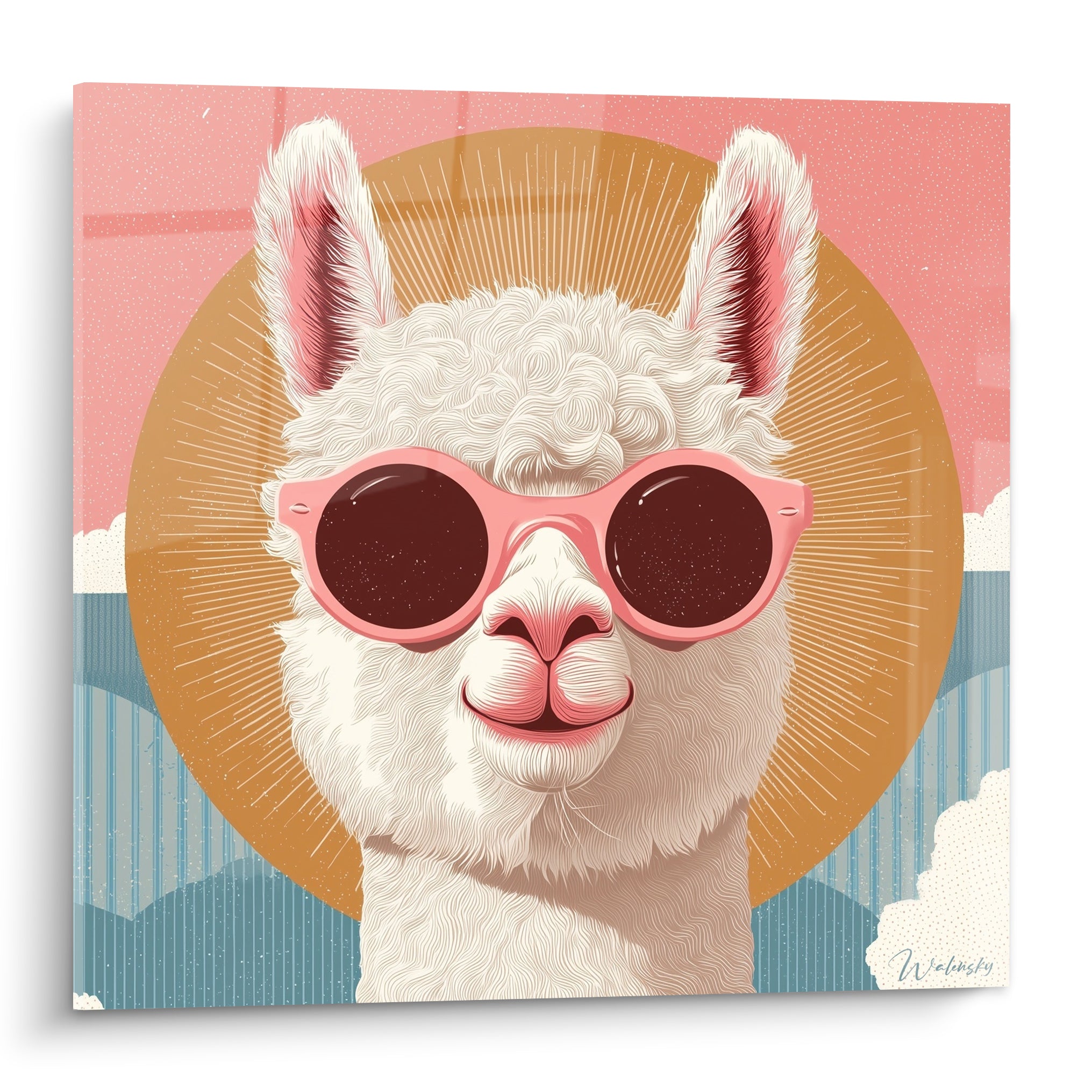 Lama souriant avec lunettes roses, fond corail et disque ocre, illustration graphique détaillée